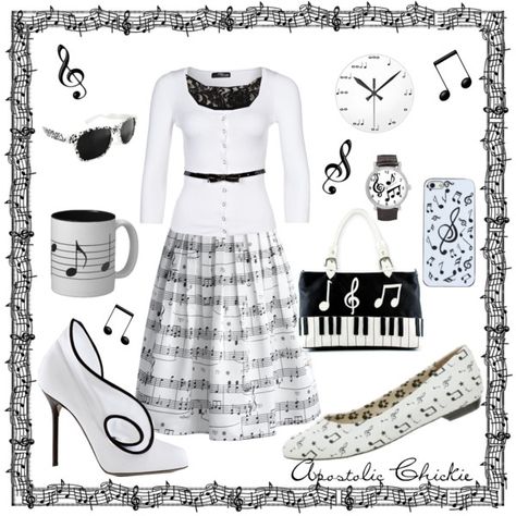 Musical Notes by apostolicchickie on Polyvore featuring Jane Norman, Glamorous, Chicwish, Music Notes and Sergio Rossi Music Teacher Outfits, Music Dress, Everyday Cosplay, Music Accessories, Modest Style, Jane Norman, Music Jewelry, Musical Notes, Music Gifts