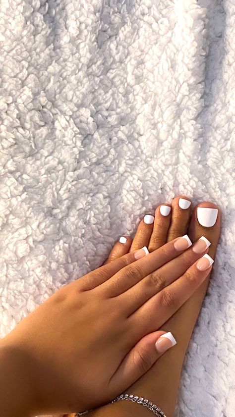 French Hands And Toes, Matching Nails And Feet Set, Short French Tip Acrylic Nails And Toes, Short Matching Nails And Toes, Feet And Nails Matching French Tip, Matching Nail And Toe Sets Spring, Mani Pedi Set Ideas, Nails Acrylic And Toes Matching, Cute Nail And Toe Sets