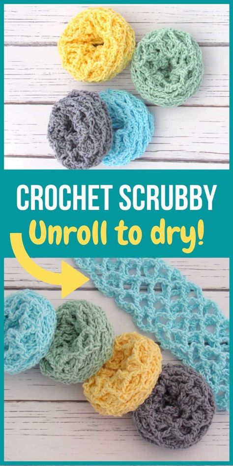 Make these crochet scrubbies in place of your dishcloths and you will never look back. You will love this free pattern for your kitchen. They don't just look cute but are very functional too. Once you wash your dishes, you can unroll them to wash and dry. How cool is that? Don't forget to make a few for gifts too. #crochetscrubbies, #crochetscrubbiesfreepattern, #crochetdishcloth, #crochetforkitchen, #crochet#howtocrochetscrubbie Crochet Make And Sell, Crochet Simple Doily, Crochet Bath Loofah, Diy Scrubbies How To Crochet, Easy Crochet Scrubbies Free Pattern, Easy Crochet Cotton Patterns, Free Crochet Patterns For Dish Scrubbies, Crochet Projects For Fine Yarn, Crochet Patterns Trending