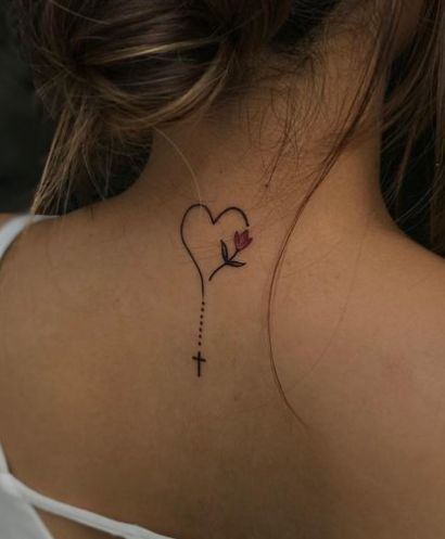 Heart With Lily Flower Back Neck Tattoos Women Back Neck Tattoo Designs For Women, Diva Tattoo Ideas, Small Back Neck Tattoo For Women, Tattoos For Shoulders Women, Tattoo For Back Neck, Neck Tatoos Woman, Flower Tatoos Woman, Cross On Back Of Neck, Tattoo Ideas Female Behind The Ear