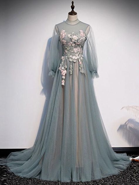 5eac43aceba42c8757b54003a58277b5desc53209980ri Long Sleeve Prom Dress Modest, Prom Dress With Flowers, Dress With Applique, Flowers Unique, Evening Dress Long, Tulle Party Dress, Dress With Flowers, Green Tulle, Senior Prom Dresses