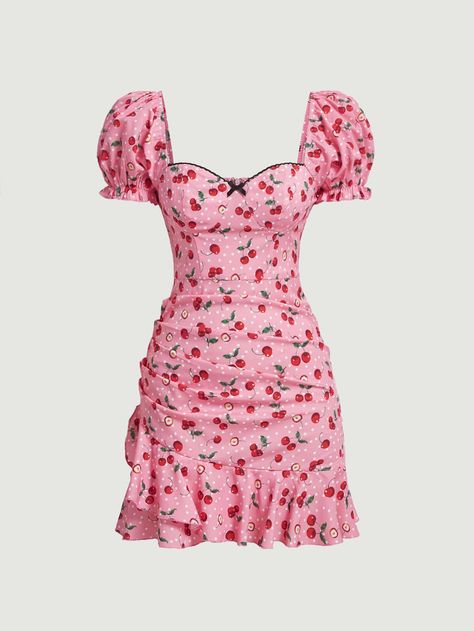 Pakaian Crop Top, Cute Dress Outfits, Vestidos Vintage, Cherry Print, Vestido Casual, Really Cute Outfits, Kpop Fashion Outfits, Sweetheart Neck, Casual Style Outfits