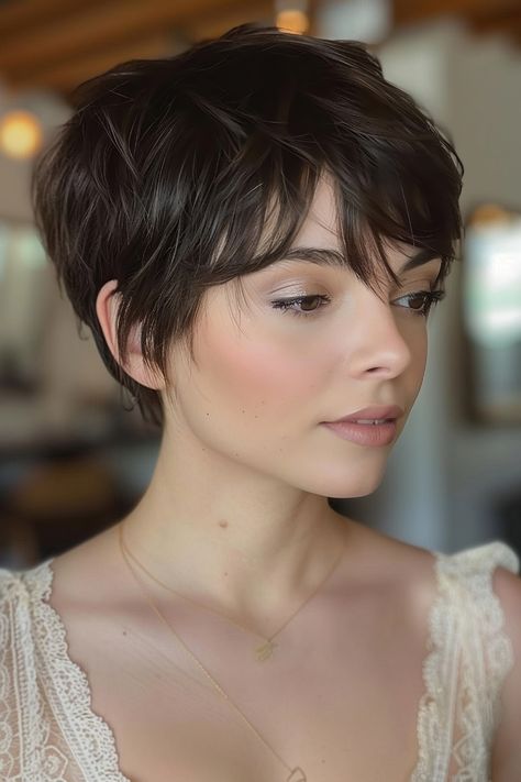 The Best Pixie Haircut Ideas of 2024 Pixie Long Fringe, Shaggy Straight Short Hair, Pixie Haircut For Big Forehead, Adorable Pixie Haircut, Short Pixie Haircuts Brunette, Center Part Pixie Haircut, Pixie Hair Accessories Ideas, Styling A Grown Out Pixie, Tousled Pixie Haircut