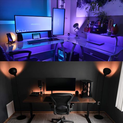 There are a ton of different ways to outfit your desk setup with backlighting and LED strips, and we’re here to help narrow it all down – covering the different types of LED strips and desk backlighting options available, as well as a moodboard of unique lighting ideas for your desk setup. Here’s a breakdown of all the types of colorful LED lights you can get, and ways to apply them to your setup! Check out the desk lighting ideas section below for more inspo. Led Light Strip Ideas, Gaming Desk Lighting, Light Strip Ideas, Led Lights Strip Ideas, Led Office Lighting, Gaming Computer Room, Room Decor For Men, Led Desk Lighting, Computer Gaming Room