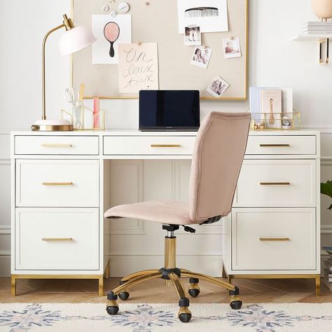 Blaire 57" Smart Storage Desk | Pottery Barn Teen Feminine Desk, Teen Desk, Storage Desk, Classic Desk, Oversized Furniture, Swivel Chair Desk, Simply White, Vanity Desk, White Desks