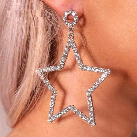 Pair Dangling Big Star Earrings Vintage For Women Piercing Loop Crystal Pendant Large Star Earrings, Disco Inspired Jewelry, Statement Earrings Party, Star Earrings Y2k, Star Shaped Jewelry, Star Girl Jewelry, Star Earrings Aesthetic, Big Star Earrings, Big Silver Earrings