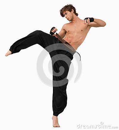 Side view of kicking martial arts fighter Male Kicking Reference, Dynamic Side Poses, Side Kick Drawing Reference, Martial Arts Poses Male, Male Pose Reference Side View, Martial Arts Poses Reference Male, Martial Arts Pose Reference, Martial Arts Reference Action Poses, Martial Art Poses Reference