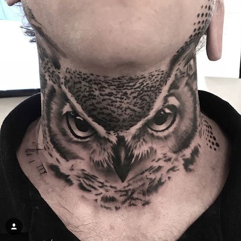 Owl Tattoo On Neck Men, Owl Throat Tattoo Men, Owl Eyes Neck Tattoo, Owl Neck Tattoo Men, Owl Tattoo Neck, Neck Owl Tattoo, Owl Throat Tattoo, Skull Throat Tattoo, Throat Tattoos For Men