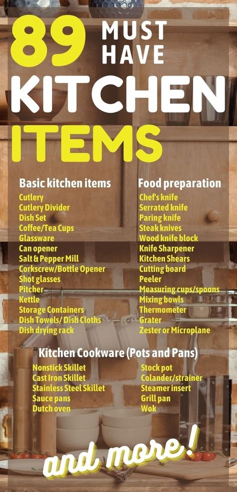 The complete must-have kitchen item list to help you plan your well-equipped kitchen. From the basic items and tools every kitchen needs to the essential kitchen items for food preparation, we have you covered. Kitchen cookware, bakeware, serving dishware and utensils, small kitchen appliances and multi-purpose kitchen gadgets are all included. Stock up your kitchen with must-have kitchen essentials list! Discover kitchen products, kitchen gift ideas, and cooking gadgets that make life easier! Kitchen Items List, Kitchen Utensils List, Must Have Kitchen Items, Kitchen Appliance List, Kitchen Essentials List, New Home Essentials, Essentials Checklist, Kitchen Necessities, Baking Utensils