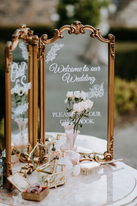 Fairytale Graydon Hall Manor Wedding | Eric Cheng Photography Garden Wedding Gift Table, Fairytale Wedding Theme Indoor, Mirrors In Wedding Decor, Vintage Wedding Theme Rustic, Classy Wedding Centerpieces Diy, Vintage Welcome Sign Wedding, Vintage Antique Wedding Decor, Classy Wedding Signage, Classy Wedding Signs