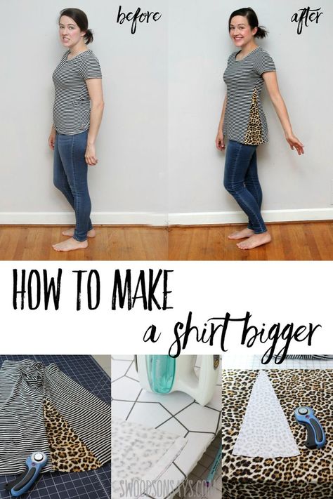 How to add fabric to a shirt to make it bigger - beginner refashion sewing tutorial to make shirts fit better! Refashion a tshirt to be bigger with this fast sewing project! Great for beginners, click through to see the photo walk through of how to add fabric to the side of a shirt. Free tutorial shared in sponsored post in collaboration with JOANN. #ad #sewing #crafts #handmadewithjoann Clothes Refashion, Gamle T Shirts, Umgestaltete Shirts, Baby Diy Projects, Christmas Room Decor Diy, Scrap Fabric Crafts, Quilted Christmas Ornaments, Photo Walk, Fabric Christmas Ornaments