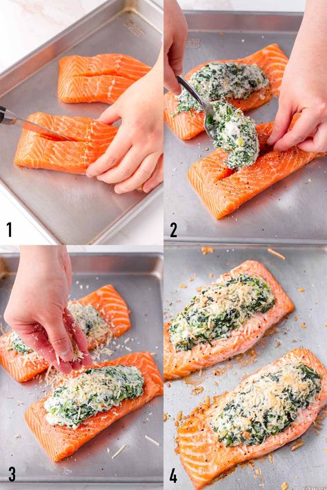 Spinach Cream Cheese Salmon, Cream Cheese And Spinach Stuffed Salmon, Salmon Florentine Spinach, Creamy Spinach Stuffed Salmon, Salmon Ricotta Recipes, Stuffed Salmon Recipes Spinach Baked, Salmon Recipes With Spinach, Spinach And Salmon Recipes, Stuff Salmon With Spinach