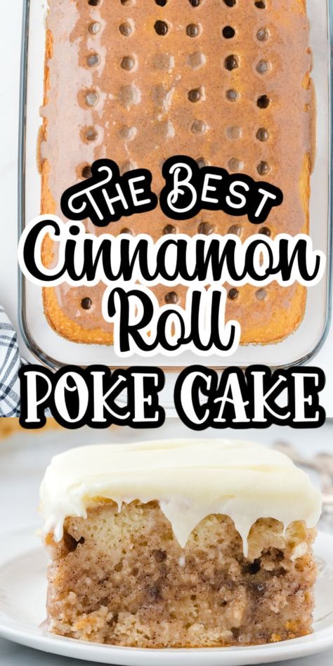 Cinnamon Roll Poke Cake starts with a box of cake mix and followed by a creamy cinnamon sugar filling and topped off with a delicious cream cheese frosting. This easy sheet cake will soon become a family favorite recipe! Essen, Carmelized Chuck Roast In Oven, East Birthday Cakes, Butter Recipe Cake Mix Recipes, Old Appalachian Recipes, Heaven And Hell Sheet Cake, Cake Mix Poke Cake Recipes, Easy Refreshing Desserts, Last Minute Desserts Quick