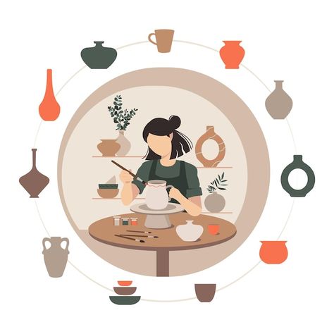 Vector potter girl sculpts a clay vase b... | Premium Vector #Freepik #vector #potter #pottery #handicraft #handcraft Pottery Illustration, Ceramic Illustration, Bakery Design Interior, Pottery Form, Paper Wall Hanging, Vector People, Pottery Workshop, Wall Hanging Crafts, Blossoms Art