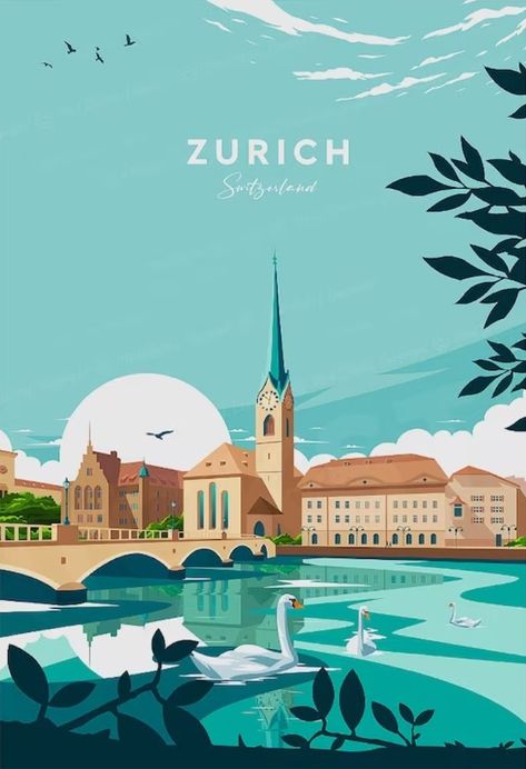 Switzerland Illustration, Wallpaper Switzerland, Switzerland Wallpaper, Switzerland Poster, Switzerland Painting, Zurich Travel, Switzerland Art, Wanderlust Decor, Switzerland Cities