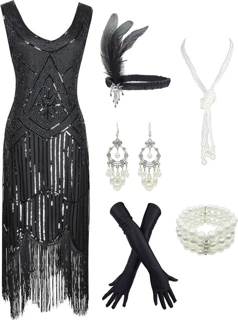 Amazon.com: esrtyeryh Women Costume 1920s Gatsby Sequin Fringed Paisley Flapper Dress with 20s Accessories Set (2XL, Black-Black) : Clothing, Shoes & Jewelry 1925 Fashion, Great Gatsby Outfit, 20s Accessories, Gatsby Outfit, 1920s Costume, 1920 Dress, 1920s Gatsby, 1920s Outfits, Women Costume