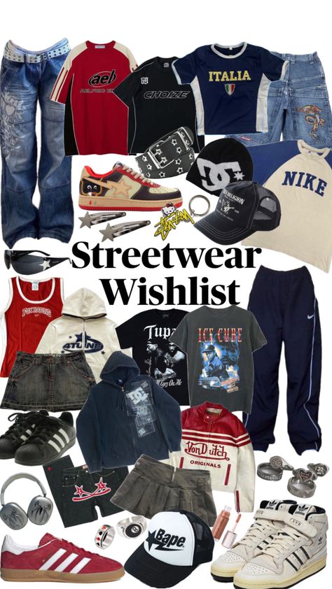 Streetwear wishlist #fashion #streetwear #y2k #aesthetic Vintage Y2k Outfits, Cute Y2k Outfits, Baggy Outfit Ideas, 2000s Streetwear, Y2k Outfits Men, Outfit Ideas For Summer, 90’s Outfits, Top Clothing Brands, Y2k Outfit Ideas