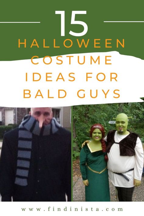 15 Halloween costume ideas for bald guys - creative costume ideas that show off your bald head! Couple Halloween Costumes For Bald Men, Funny Bald Costumes, Bald Head Halloween Costumes, Halloween Costumes Couples Bald Man, Bald Cap Costume Ideas, Bald People Costumes, Bald Man Halloween Costume Ideas, Bald Party Costumes, Couple Halloween Costumes Bald Guy