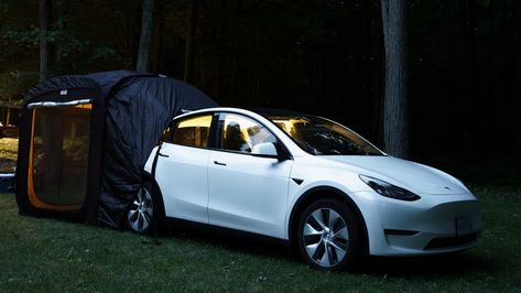 Tesla Camping, Tesla Suv, Tesla Electric Car, Tesla Accessories, Tesla Owner, Tent Fabric, Fall Camping, Tesla Model Y, Covered Front Porches