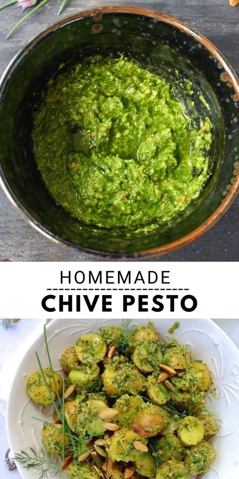 Homemade Chive Pesto made with onion chives and toasted pumpkin seeds. Toss with potatoes or pasta for a quick, easy and vegan dinner or serve as a dipping sauce with crusty bread! Chive Pesto, Beef Massaman Curry, Pesto Recipe Easy, Homemade Pesto Recipe, Chives Recipe, Zone Recipes, Pesto Potatoes, Produce Recipes, Toasted Pumpkin Seeds