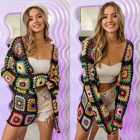 Is This The First Festival Style Piece? Yes It Is. Dominate The Festival Style Vibes With The Queen Of The Field Granny Square Crochet Cardigan. This Black Based Cardigan Has A Colorful Granny Square Crochet Detail All Over And Is Unlined. Throw It On Over A Bikini Or A Cute Outfit And Give Your Outfit A Dose Of 70’s Vibes. This Piece Will Restock By The Beginning Of April, Please Like This Listing To Be Notified As Soon As It Does So You Can Get First Dibs. Size S: 2-4 Size M: 6-8 Size L: 10-12 Festival Style, Granny Square Tank Top, Granny Square Crochet Cardigan, Square Crochet Cardigan, Colorful Granny Square, Classic Granny Square, Square Top, Crochet Clothes Patterns, Recycled Yarn