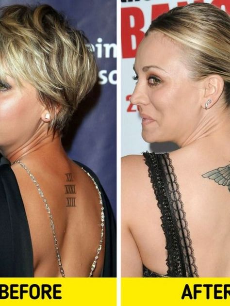 10 Celebrities Who Used Their Imagination To Cover Up Their Old Tattoos And Gave Them A Positive Meaning Cover Up Back Tattoos, Old Women With Tattoos, Shoulder Cover Up Tattoos, Women Tattoo Placement, Cover Up Tattoos Before And After, Celebrity Tattoos Women, Positivity Tattoo, Women's Shoulder Tattoo, Cover-up Tattoo