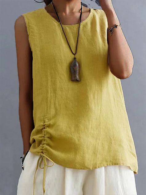 Shop Tops - Roselinlin Women Drawstring Side Ruched Summer Plain Sleeveless Cotton Linen Tank Top-Daily Tops online. Discover unique designers fashion at roselinlin.com. Corak Menjahit, Stylish Tops For Women, Linen Top Women, Linen Fashion, Linen Tank Top, Linen Tank, Stylish Girls, Shirts Design, Stylish Tops