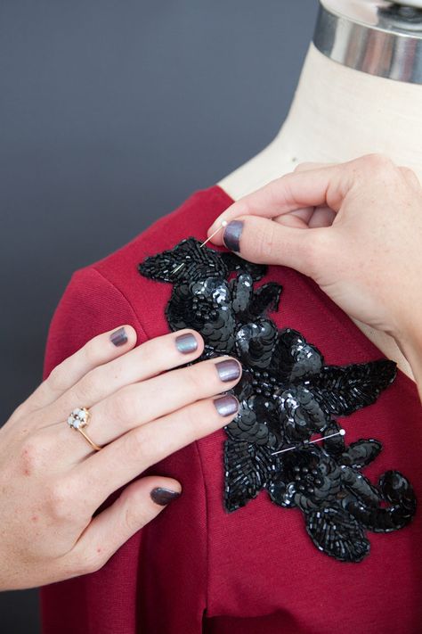 How to Sew Beaded Appliqué on Knits  |  Seamwork Magazine Couture, How To Sew Sequins, Sequin Patch, Fashion Beads, Shiny Dresses, Sequin Appliques, Sewing Needle, Beaded Collar, Fabric Glue