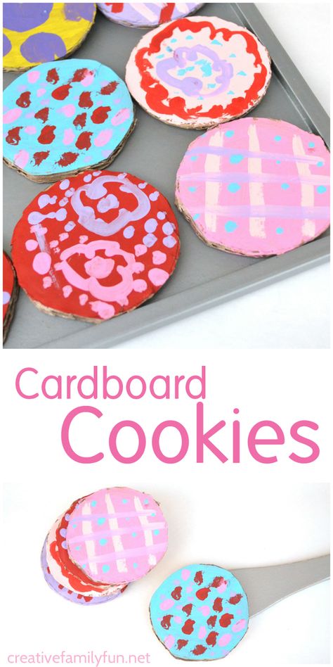 Use your scrap cardboard boxes to make up a batch of cardboard cookies that are so much fun to decorate. This is a simple kids craft that results in a fun pretend play toy. Cardboard Cookies, Recycled Crafts Kids Preschool, Cardboard Kids, Diy Karton, Cardboard Crafts Kids, Baking Crafts, Recycled Crafts Kids, Cookie Craft, Dramatic Play Preschool