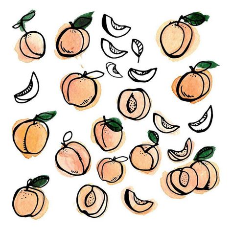 Peaches Illustration by Brainstorm / Oh So Beautiful Paper Design In Journal, How To Draw A Peach, Peaches Sketch, Peach Bullet Journal Theme, Peach Drawing Easy, Simple Peach Tattoo, Peaches Drawing, Peaches Illustration, Peach Doodle