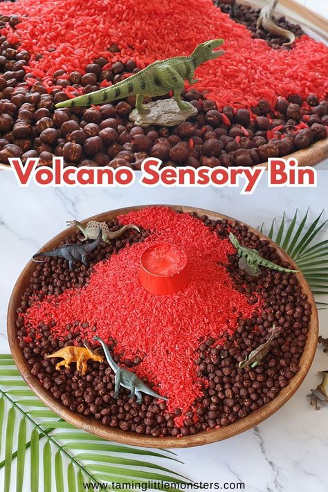 Volcano Sensory Bin for Kids.    This sensory activity is perfect for toddlers and preschoolers who love dinosaurs. Make your own erupting volcano that doubles as a small world.    #sensory #smallworld #toddler #preschool Small World Activities Preschool, Volcano Sensory Play, Africa Sensory Bin, Continent Sensory Bin, Preschool Volcano Craft, Food Themed Sensory Bin, Dinosaur Messy Play Activities, Sensory Bin Dinosaur, Volcano Crafts For Toddlers