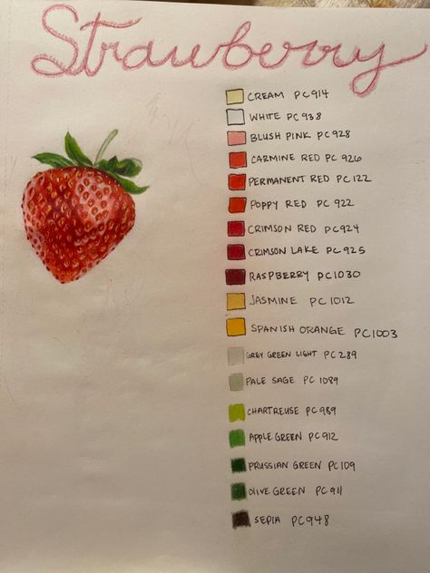 Strawberry drawing with colored pencils Strawberry Color Pencil Drawing, Strawberry Drawing Colored Pencil, Strawberry Colored Pencil Drawing, Prismacolor Art Tutorials, Drawing Of Strawberry, Prismacolor Reference, Europe Scrapbook, Prismacolor Combinations, Prismacolor Combos