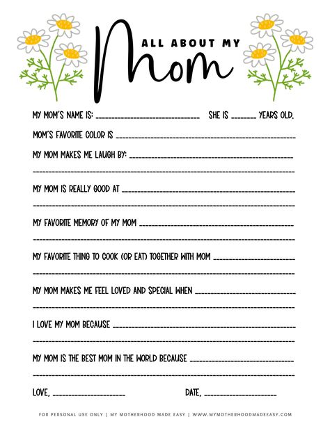 All about mom worksheet pdf    Looking for a fun way to celebrate mom this Mother's Day? Try out our FREE Mother's Day All About My Mom Printable! Not only does it make a fun activity to complete, but a great gift for mom! Kids Mother’s Day Questionnaire, Mother Day Questions For Kids, Mother’s Day Kid Questions, Mother’s Day Interview Printable, What I Love About Mom Printable, Mother's Day Fill In The Blank Free, Mother’s Day Work Sheet, Mother’s Day Fill In The Blank, Activity For Mother's Day