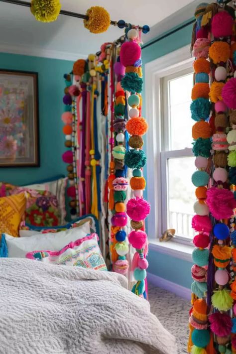 Playful colorful pom-pom curtains add whimsy and a pop of color to boho bedrooms. Fun and light-hearted, they brighten any space. Tap to see more whimsical curtain ideas! #InteriorInspo #HomeInspiration #DecorInspiration #HomeDecor #HomeIdeas #DecorTips #HomeStyle #HomeDecorating #InteriorDesign #HouseGoals Mexican Cabin, Boho Themed Bedroom, Maximalist Bedrooms, Cortinas Boho, Boho Bedrooms, Cute Apartment Decor, Pom Pom Curtains, Hippie Crafts, Girly Apartment