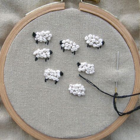 These sheep are such a fun use of the French knot! Diy Embroidery Shirt, Knot Tutorial, Broderie Simple, French Knot Embroidery, Pola Bordir, Diy Broderie, Lambada, Pola Sulam, Simple Embroidery