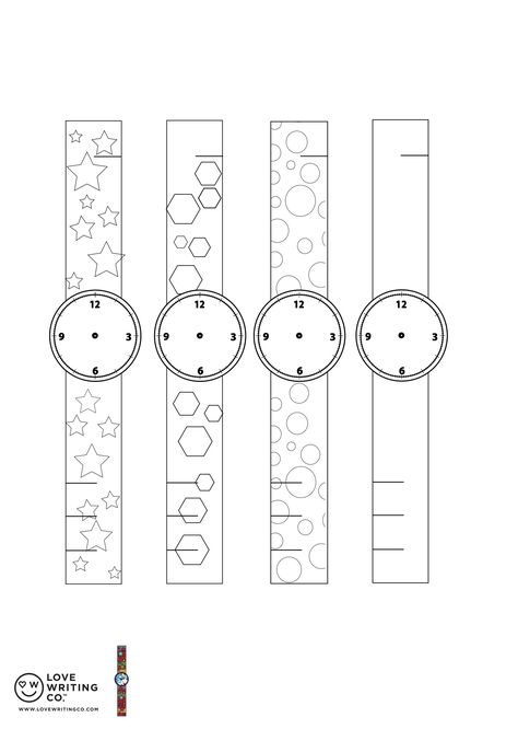 Help your child learn to tell the time with Love Writing Co.'s free downloadable activity template and create their own unique watch design. Download, print out, colour in and complete our FREE Love Writing Co kids activities @ www.lovewritingco.com #freeactivities #handwriting #learningtowrite #pencilgrip #pencilcontrol #homelearning #literacy #numeracy #colouring #wordsearch #maze #spotthedifference #artsandcrafts Molde, Watch Craft For Kids, Watch Template, Watch Craft, Activity Template, Alphabet Practice Sheets, New Year's Eve Activities, Learn To Tell Time, Playbased Learning