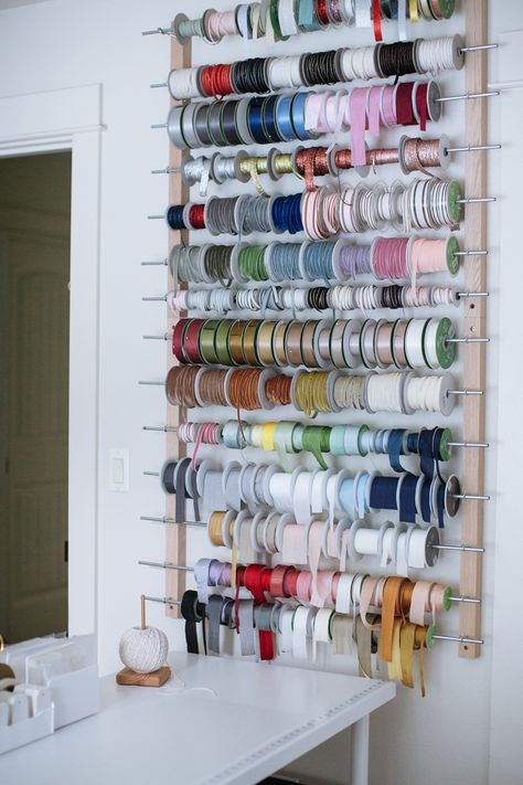 Ribbon Wall Storage, At Home Floral Studio, Floral Studio Work Spaces, Office Craft Room Combo, Bench Under Window, Flower Shop Interiors, Florist Studio, Hobby Storage, Flower Shop Decor