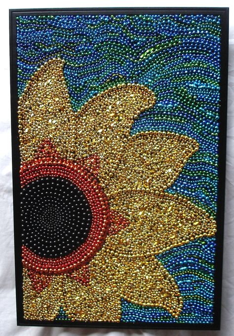 Framed Mardi Gras bead art, "Sunflower." Mardi Gras Bead Art, Bead Wall Art, Bead Wall, Class Art Projects, Auction Projects, Art Perle, Mosaic Frame, Left Overs, Astuces Diy