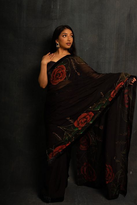 Black Saree Black Hand Painted Saree, Hand Painted Black Saree, Black Floral Saree, Red And Black Saree, Black And Red Saree, Pearl Work Saree, Black Lover, Peach Saree, Saree Sale