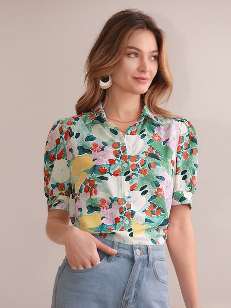 Flower Shirt Outfit Floral Blouse, Floral Shirt Outfit Women, Floral Shirt Outfit, Summer Tops Women Casual, London Fashion Week Street Style, Shirt Outfit Women, Puff Sleeve Shirt, Womens Tops Summer, Fabric Floral