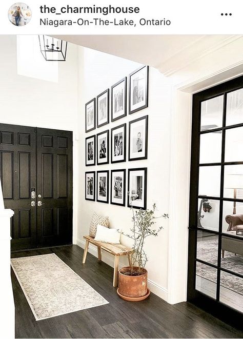 Black Door Entryway, French Country Entryway Ideas, Neutral Entryway, Small Foyer Ideas, Tricorn Black, Aesthetic Interior Design, Door Entryway, تصميم للمنزل العصري, Black French