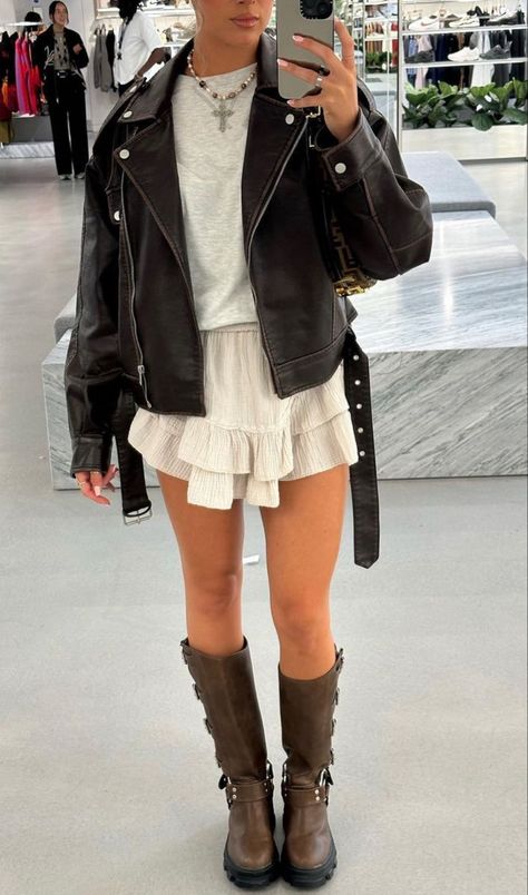 High Knee Boots Skirt Outfit, Mini Skirt Outfit Boots, Skirt And Biker Boots Outfit, Summer Dress With Leather Jacket, White Moto Boots Outfit, Nyc It Girl Outfits, Concert Boots Outfit, Riding Boots Outfit Summer, Flowy Skirt And Boots Outfit