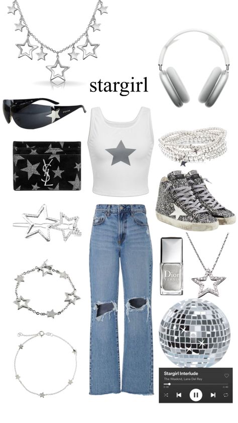 #stargirl #outfit #fit #fitcheck #ootd #silver Stargirl Y2k Outfits, Y2k Stargirl Outfits, Star Girl Aesthetic Clothes, Star Y2k Outfit, Star Girl Outfit Ideas, Stargirl Outfits Party, Star Outfit Y2k, Silver Aesthetic Outfit, Star Girl Outfit Aesthetic