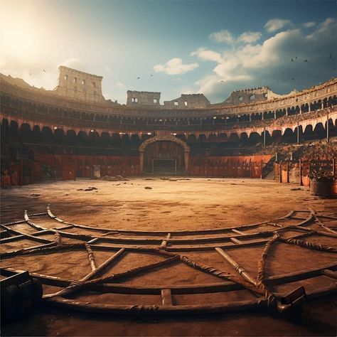 A large circular arena game background w... | Premium Vector #Freepik #vector #colosseum #rome #italy #ancient-rome Roman Colosseum Aesthetic, Ancient Rome Colosseum, Fantasy Colosseum, Fantasy Arena Concept Art, Future Stadium, Colosseum Aesthetic, Warrior Background, Fantasy Arena, Ancient Rome Aesthetic