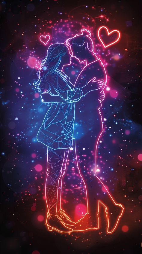 Under neon cosmic lights, Ethan and Vesta discovered a love divine. Being Twin Flames, their hearts sang the same celestial symphony, each beat echoing through galaxies. A digital age kindled their love, their connection travelled via cosmic waves, uniting two souls destined to ignite an everlasting flame of love. Lovers Wallpaper Couple, Neon Couple, Twin Flame Couple, Love Wallpaper Couple, Facebook Cover Images Wallpapers, Does He Love Me, Divine Being, Flame Of Love, Love Wallpapers