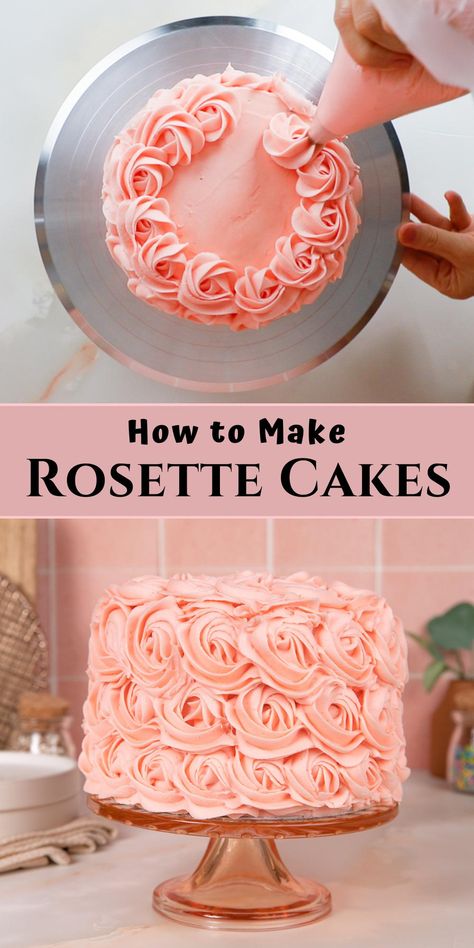 piping rosettes on a cake and a decorated rosette cake. Pie, Piped Birthday Cake Ideas, White Icing Cupcake Design, Easy Rosette Cake, How To Make A Round Birthday Cake, 6 Inch Round Cake Decorating Ideas, Piping Flowers On Cake Simple, Diy Cake Designs Simple, Cake Decorating Rosettes