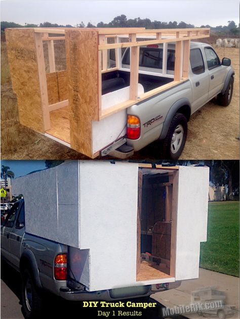 Mobile Rik built a Homemade DIY Truck Camper for his Tacoma Prerunner for under $250 Truck Camper Ideas, Diy Truck Camper, Vw Caddy Mk1, Vw T3 Doka, Slide In Truck Campers, Truck Camper Shells, Homemade Camper, Truck Bed Camping, Pickup Camper