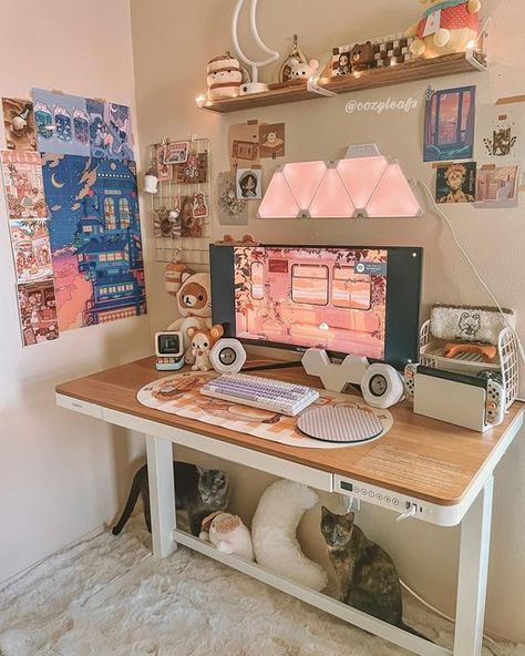 Pc Stand Ideas, Standing Desk Bedroom, Pc Room, Desktop Ideas, Cozy Study, Dream Setup, Gaming Rooms, Cozy Desk, Cozy Office