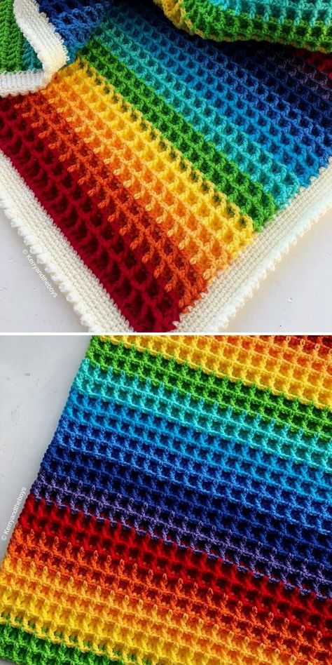 Waffle Stitch Crochet Patterns and Ideas | Crochetpedia Rainbow Crochet Blanket Pattern, Uncinetto Zig Zag, Crochet Blanket Rainbow, Crochet Waffle Stitch, Amigurumi Minta, Confection Au Crochet, Rainbow Blanket, Crochet Stitches For Blankets, Waffle Stitch