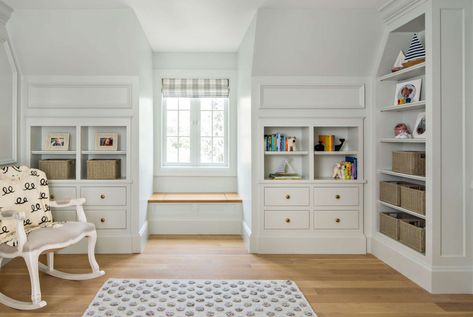 Built in cabinetry in a traditional style nursery. #thefoxgroup #nursery #traditional #builtins Dormer Bedroom, The Fox Group, Fox Group, Bedroom Built Ins, Traditional Style Homes, Attic Renovation, Upstairs Bedroom, Cabinetry Design, Attic Bedroom